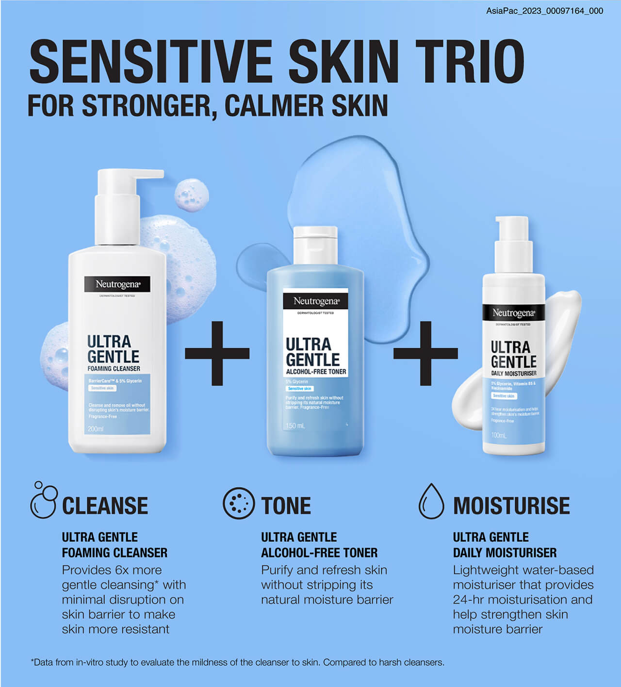 SENSITIVE SKIN TRIO FOR STRONGER, CALMER SKIN  CLEANSE ULTRA GENTLE FOAMING CLEANSER Provides 6x more gentle cleansing* with minimal disruption on skin barrier to make skin more resistant  TONE ULTRA GENTLE ALCOHOL-FREE TONER Purify and refresh skin witho